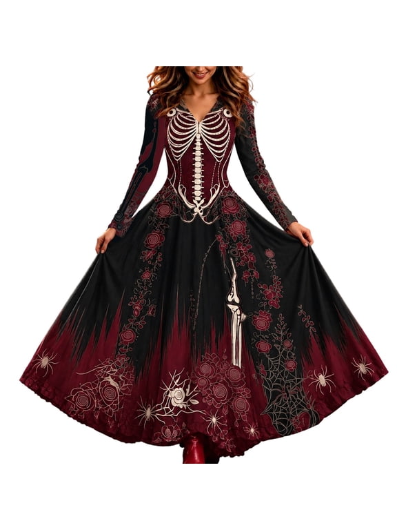 Xijirk Women's Halloween Skeleton Rose Spider Print Maxi Dress V Neck Long Sleeve A Line Flared Gothic Cosplay Gown for Theme Party,S