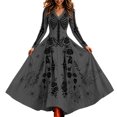 thumbnail image 1 of Xijirk Women's Halloween Skeleton Rose Spider Web Print Midi Dress V Neck Long Sleeve A Line Swing Dress for Gothic Cosplay Party,S, 1 of 4