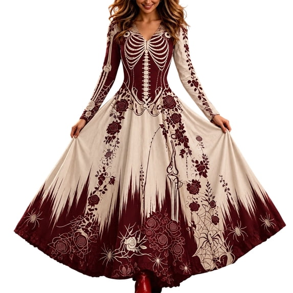 Xijirk Women's Halloween V Neck Long Sleeve Maxi Dress Skeleton Rose Spider Print for Halloween Cosplay Gathering,5XL