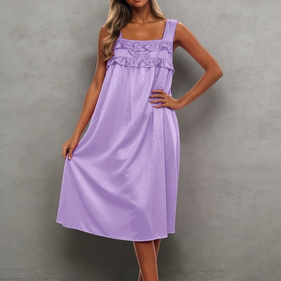 Xijirk Women's Ice Silk Nightgown Square Neck Sleeveless Ruffled Midi Sleep Dress,One Size