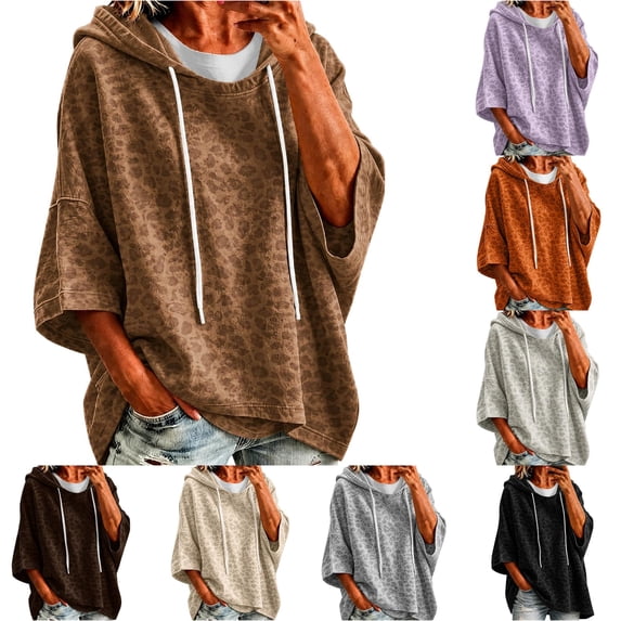 Xijirk Women's Leopard Print Pullover Hoodie Short Elbow Sleeve Relaxed Fit Cropped Animal Pattern Sweatshirt Top For Comfort Everyday Casual Outfits,Coffee,L