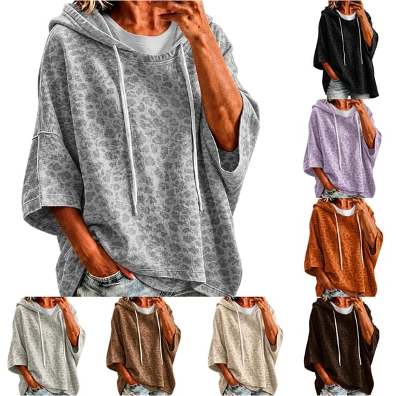 Xijirk Women's Leopard Print Pullover Hoodie Short Elbow Sleeve Relaxed Fit Cropped Animal Pattern Sweatshirt Top For Comfort Everyday Casual Outfits,Grey,3XL