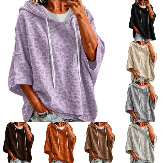 Xijirk Women's Leopard Print Pullover Hoodie Short Elbow Sleeve Relaxed Fit Cropped Animal Pattern Sweatshirt Top For Comfort Everyday Casual Outfits,Purple,L