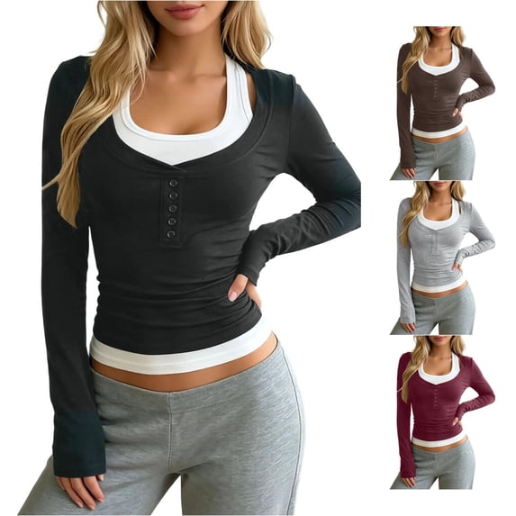 Xijirk Women's Long Sleeve Henley Button Front Layered Mock Two‑Piece ...