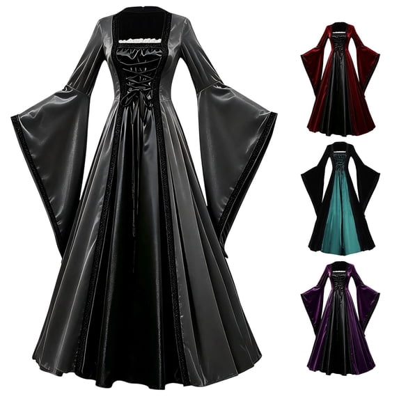 Xijirk Women's Medieval Renaissance Cosplay Dress Bell Long Sleeve Lace Up Corset Maxi Gown for Halloween Evening Themed Party Role Play,Grey,XXL