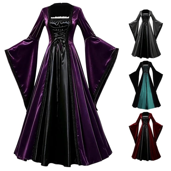 Xijirk Women's Medieval Renaissance Cosplay Dress Bell Long Sleeve Lace Up Corset Maxi Gown for Halloween Evening Themed Party Role Play,Purple,XL