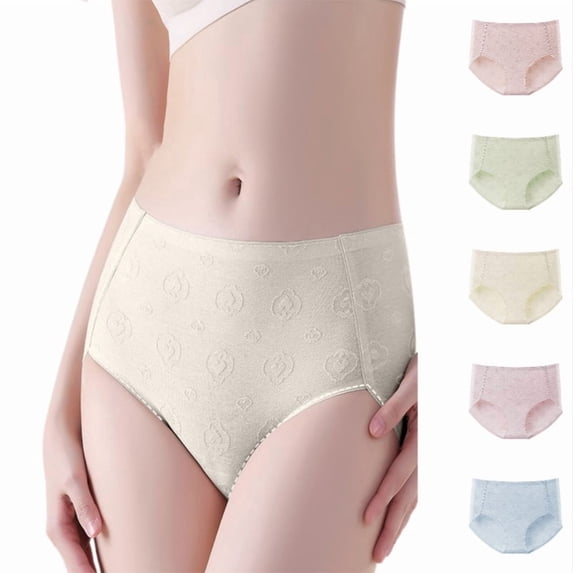 Xijirk Women's Mid Waist Brief Panties Embossed Motif Knit Underwear with Flat Elastic Waist Band for Daily Casual Wear,Beige,L
