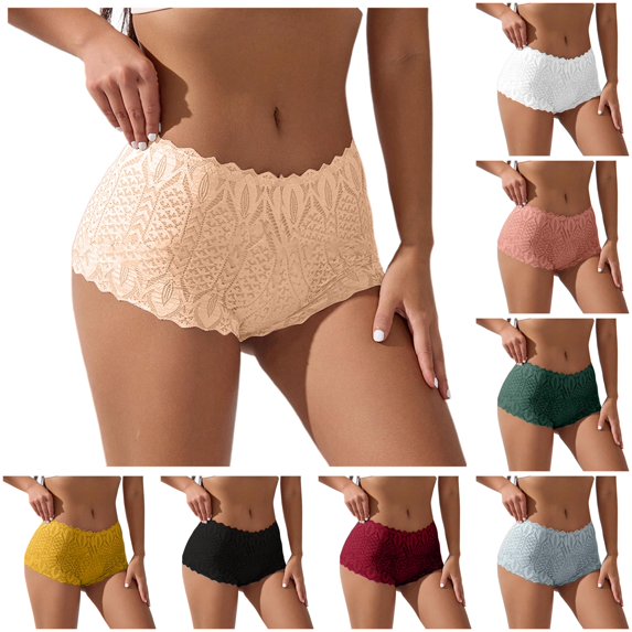 Xijirk Women's Mid Waist Short Brief Panties Hollow Floral Mesh Underwear with Curved Wavy Waist Edge for Daily Casual Wear,Beige,XL