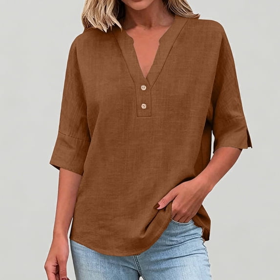 Xijirk Women's Notched V‑Neck Half Button Blouse, 3/4 Sleeve Loose Fit Casual Everyday Shirt,2XL