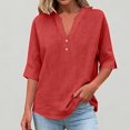 thumbnail image 1 of Xijirk Women's Notched V‑Neck Half Button Blouse, 3/4 Sleeve Loose Fit Casual Everyday Shirt,L, 1 of 4