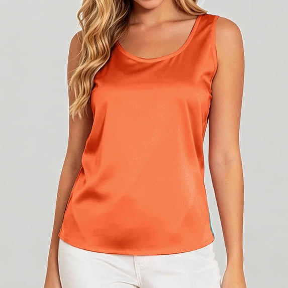 Xijirk Women's Orange Satin Sleeveless Tank Top Neck Casual Basic Tee Smooth & Breathable Everyday Blouse,M