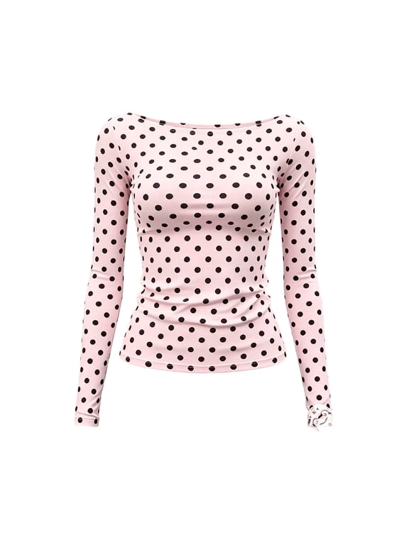 Xijirk Women's Polka Dot Boat Neck Slim Fit Long Sleeve Fitted T‑Shirt Top for Everyday Casual Wear,1Pink,L