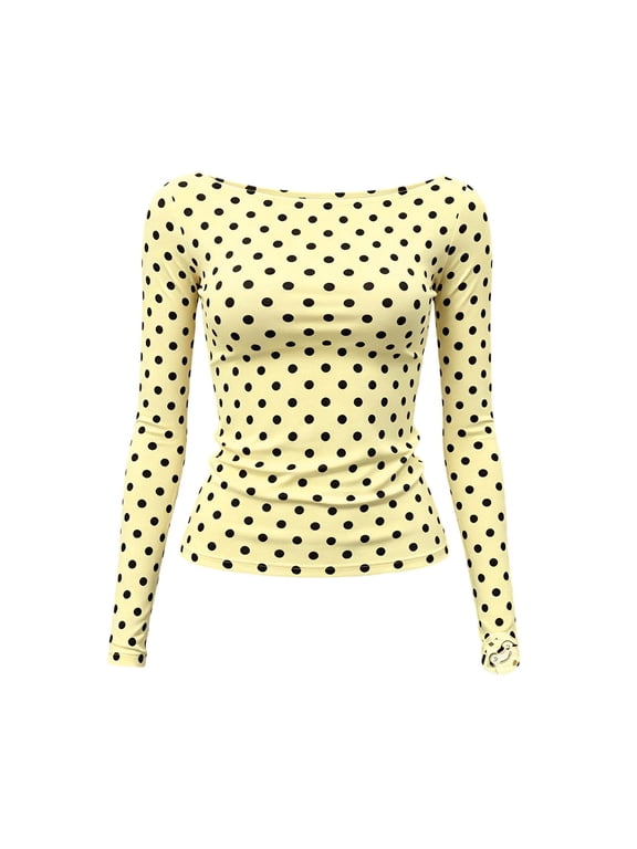 Xijirk Women's Polka Dot Boat Neck Slim Fit Long Sleeve Fitted T‑Shirt Top for Everyday Casual Wear,1Yellow,M