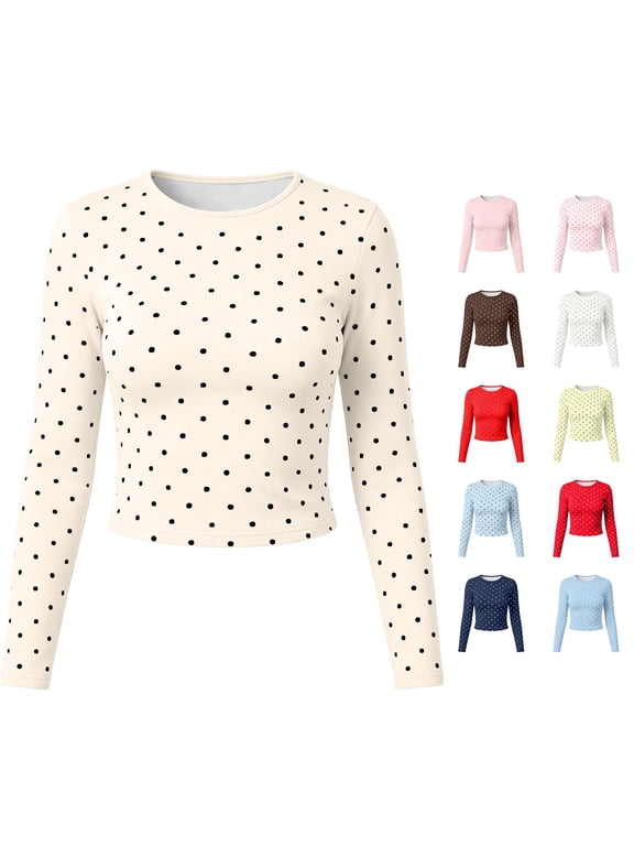 Xijirk Women's Polka Dot Long Sleeve Crew Neck Slim Fit Crop Top Basic Cropped T‑Shirt for Everyday Casual Wear,3Beige,M
