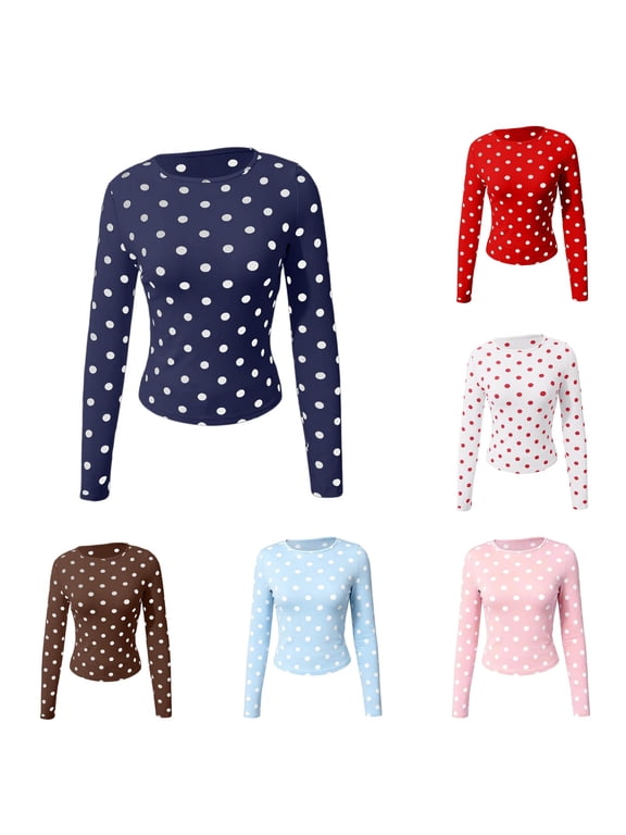 Xijirk Women's Polka Dot Slim Fit Long Sleeve Crew Neck Curved Hem Fitted Knit Top for Daily Casual Outfit,2Dark Blue,XL