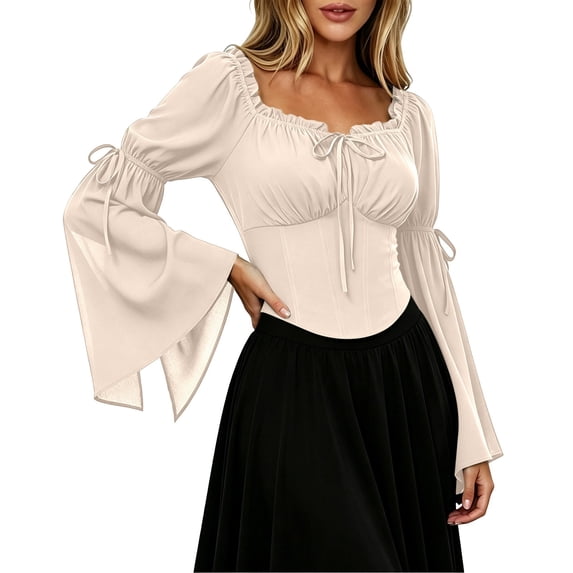 Xijirk Women's Renaissance Cosplay Corset Top Off Shoulder Front Tie Bell Flare Sleeve Cropped Bodice Blouse for Halloween Party Role Play,Beige,S