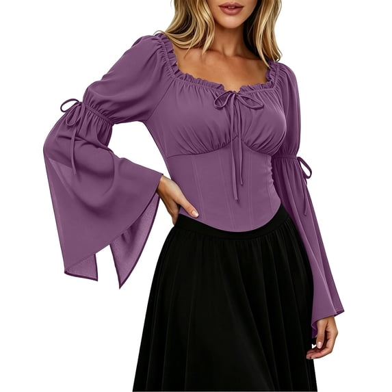 Xijirk Women's Renaissance Cosplay Corset Top Off Shoulder Front Tie Bell Flare Sleeve Cropped Bodice Blouse for Halloween Party Role Play,Purple,XL
