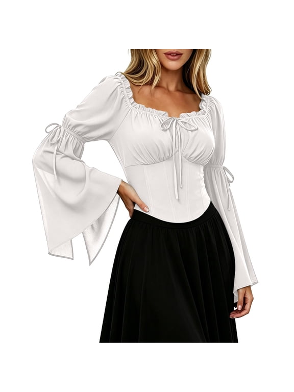 Xijirk Women's Renaissance Cosplay Corset Top Off Shoulder Front Tie Bell Flare Sleeve Cropped Bodice Blouse for Halloween Party Role Play,White,S