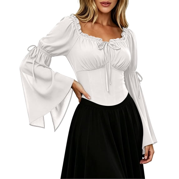 Xijirk Women's Renaissance Cosplay Corset Top Off Shoulder Front Tie Bell Flare Sleeve Cropped Bodice Blouse for Halloween Party Role Play,White,XXL