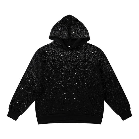 Xijirk Women's Rhinestone Studded Pullover Hoodie Long Sleeve Drawstring Hood Kangaroo Pocket Ribbed Hem Relaxed Fit Sweatshirt for Party Street Night Outfits,Black,XL