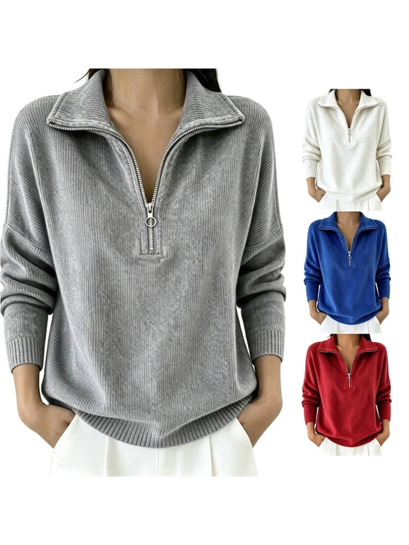 Xijirk Women's Ribbed Quarter Zip Collar Pullover Sweatshirt Drop Shoulder Long Sleeve Side Pockets Relaxed Fit for Fall Winter Daily Casual Going Out Outfit,Grey,3XL