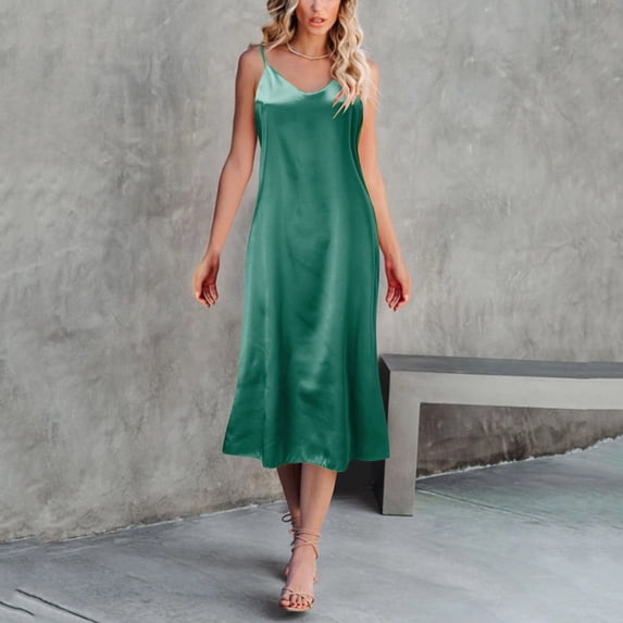 Xijirk Women's Satin V-Neck Dress Spaghetti Strap Midi Length for Loungewear & Everyday Wear,2XL
