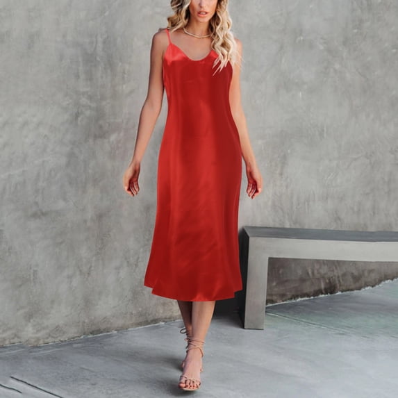 Xijirk Women's Satin V-Neck Slip Dress Spaghetti Strap Midi Length for Loungewear & Everyday Wear,M