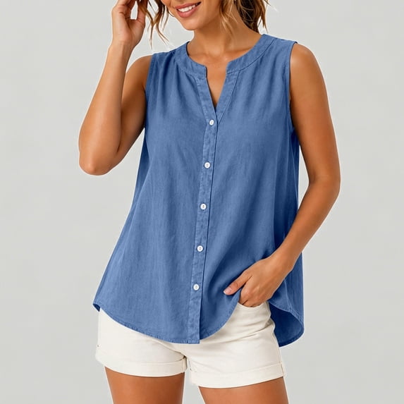 Xijirk Women's Sleeveless Notch Neck Blouse Button Front Curved Casual Summer Layering Top,M