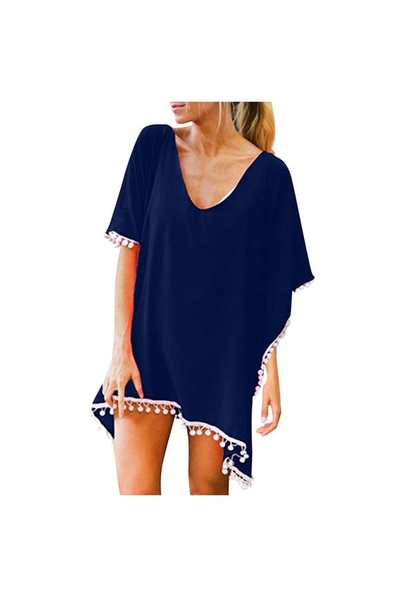 Women's Solid Color Trim Loose Fit Beach Cover Up Kaftan Short Sleeve Asymmetric Swimwear Cover Up for Summer Beach Pool Outdoor,One Size,Z02 Navy