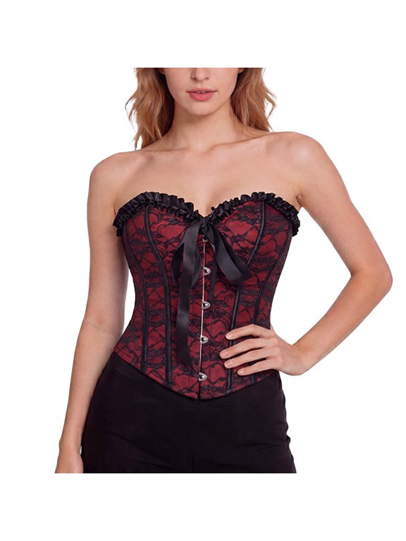 Xijirk Women's Strapless Sweetheart Floral Lace Corset Top Ruffle Trim Front Busk Bow Ornament Boned Body Shaping Shapewear for Gothic Party Daily Costume Wear,S