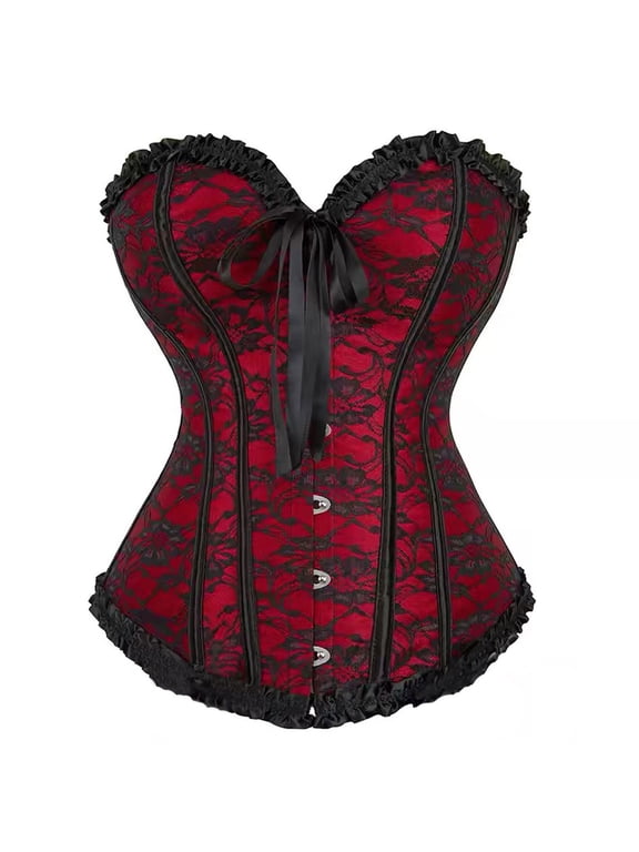 Xijirk Women's Strapless Sweetheart Floral Lace Overbust Corset Top Ruffle Trim Front Busk Bow Detail Boned Body Shaping Shapewear for Gothic Party Daily Costume Wear,M