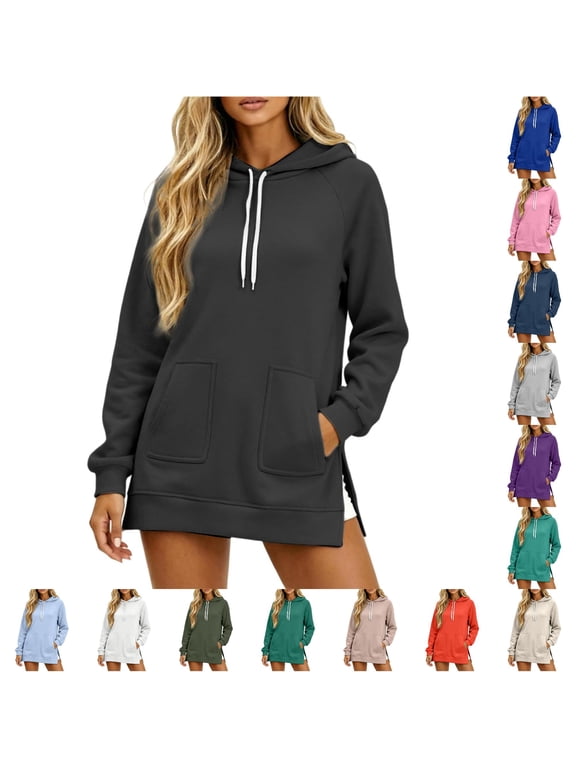 Xijirk Women's Tunic Length Pullover Hoodie Long Sleeve Raglan Sleeve Dual Patch Pockets Side Slit Solid Sweatshirt Top For Seasonal Casual Everyday Wear Inner Athleisure Outfits,2Black,3XL