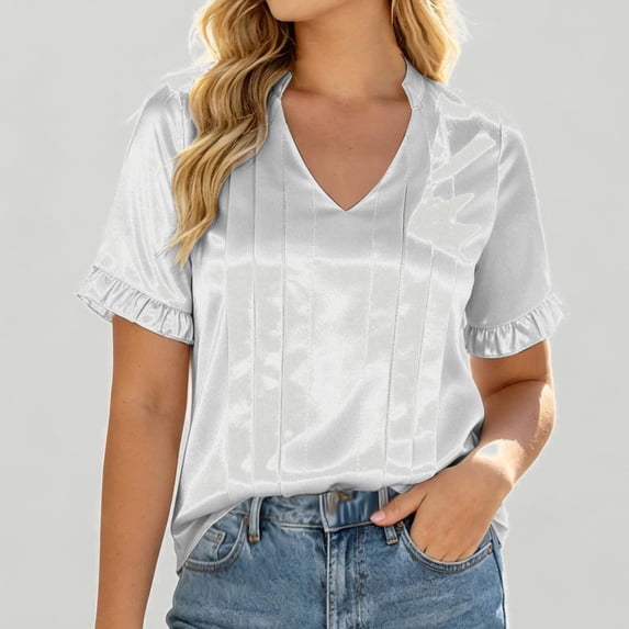 Xijirk Women's V-Neck Satin Blouse Short Sleeve Ruffle Shirt with Pleated Front Casual Top for Everyday Wear,2XL