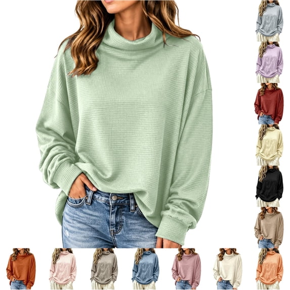 Xijirk Women's Waffle Knit Turtleneck Drop Shoulder Loose Fit Long Sleeve Pullover Knit Top for Fall Winter Casual Loungewear Outfits,Green,S