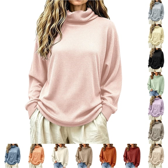Xijirk Women's Waffle Knit Turtleneck Drop Shoulder Loose Fit Long Sleeve Pullover Knit Top for Fall Winter Casual Loungewear Outfits,Light Pink,XXL