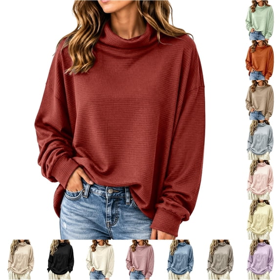 Xijirk Women's Waffle Knit Turtleneck Drop Shoulder Loose Fit Long Sleeve Pullover Knit Top for Fall Winter Casual Loungewear Outfits,Red,XL