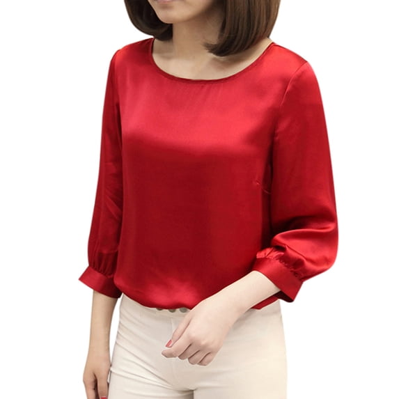 Xijirk Women's Work Shirts Three Quarter Sleeve O Neck Casual Soft Breathable Women's Work Shirts for Daily Comfort,Red,2XL
