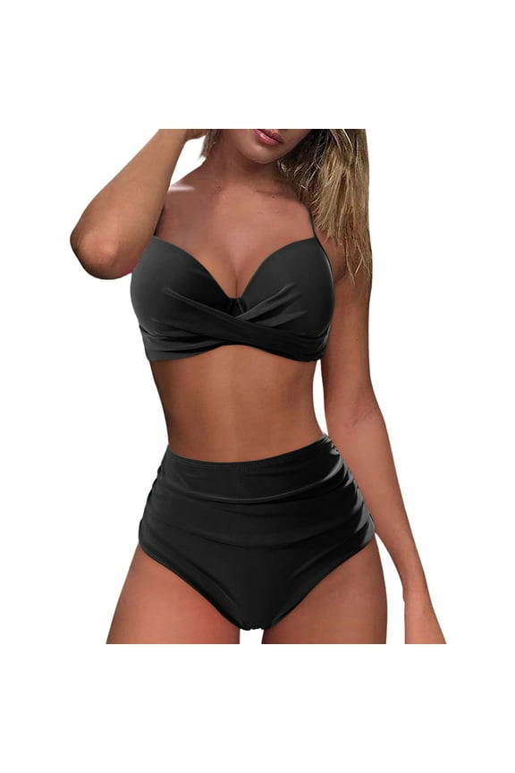 Womens Bikini Set High Waisted Retro Design with Push Up Top and Pleated Detail Two Piece Solid Color Swimwear for Beach Vacations,Black,M