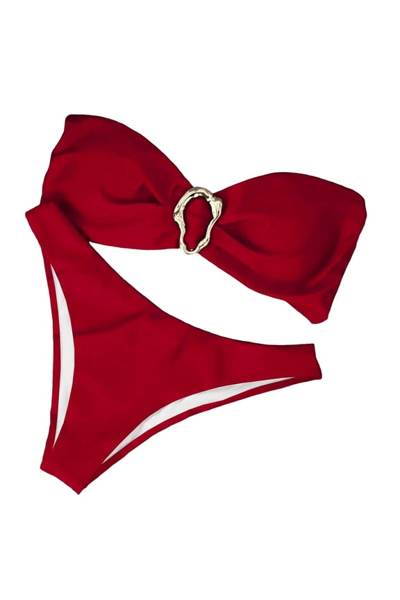 Womens Bikini Set Strapless Bandeau Design with O Ring Detail High Cut Two Piece Swimsuit Adjustable Tie Back for Beach Pool,Red,XS