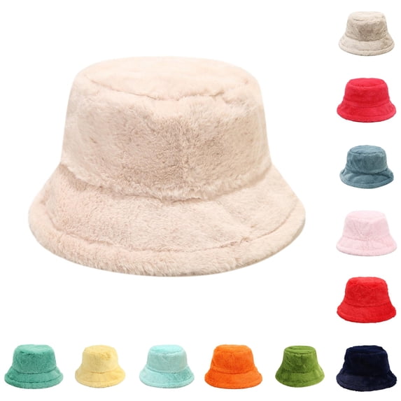 Xijirk Womens Fuzzy Bucket Hat with Wide Brim Warm Solid Color Winter Hat for Travel Shopping Outdoor Daily Casual Wear,Beige,One Size