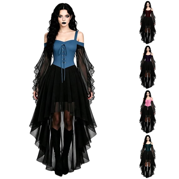 Xijirk Womens Gothic Renaissance Costume Off Shoulder Lace Up Flare Mesh Sleeve High Low Tulle Dress for Halloween Cosplay Party Role Play,BU2,S