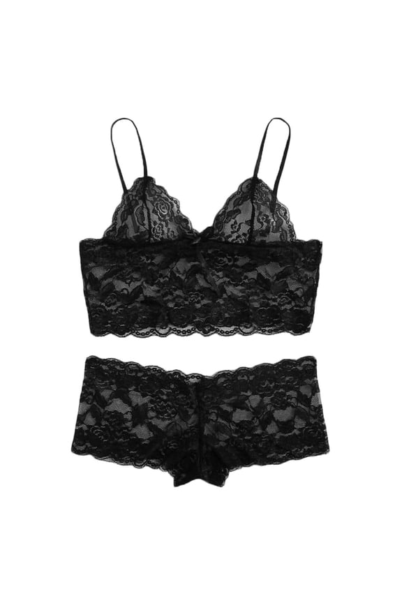 Womens Lace Bra and Briefs Set Camisole Sleepwear Lingerie Comfortable Soft Underwear Pajama Set for Home Lounging,Z001 Black,L