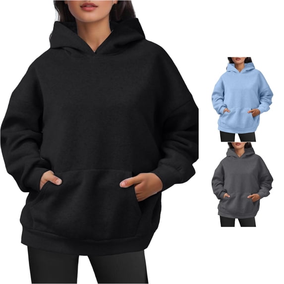 Xijirk Womens Loose Fit Pullover Hooded Sweatshirt of Long Roomy Sleeves with Front Hand‑Holding Space for Everyday Walks and Soft Outdoor Leisure Outfits,Black,M