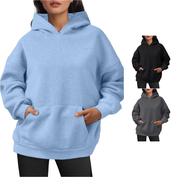 Xijirk Womens Loose Fit Pullover Hooded Sweatshirt of Long Roomy Sleeves with Front Hand‑Holding Space for Everyday Walks and Soft Outdoor Leisure Outfits,Light Blue,L