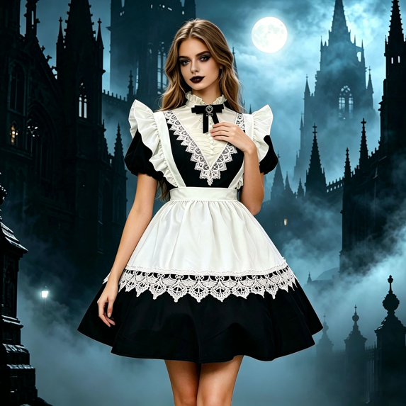 Xijirk Womens Maid Costume with Short Puff Sleeve Ruffled Lace Apron and Arm Sleeves for Halloween Cosplay Themed Party