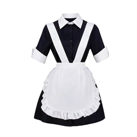Xijirk Womens Maid Costume with Turn Down Collar Short Sleeve Ruffled Apron and Back Bow Tie for Halloween Cosplay Themed Party