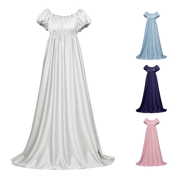 Xijirk Womens Medieval Ball Gown with Off Shoulder Puff Sleeve Empire Waist and Flowy Train for Halloween Cosplay Themed Party