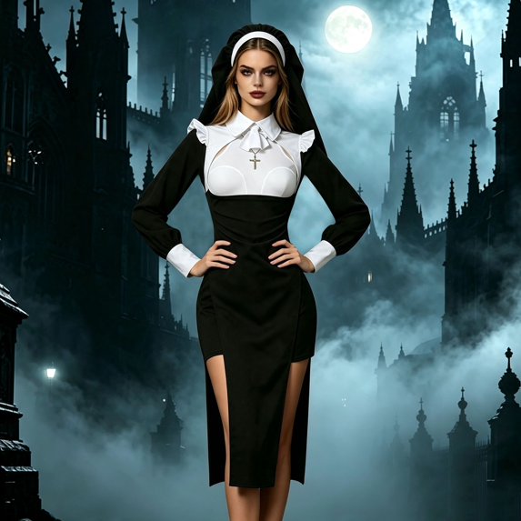 Xijirk Womens Nun Costume with Long Sleeve Slit Dress Nun Headpiece and Cross Pendant for Halloween Cosplay Themed Party