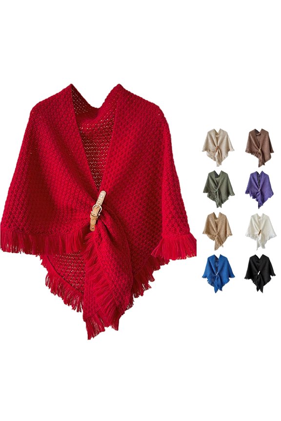 Xijirk Womens Open Weave Poncho Scarf with Fringe Hem Leather Buckle Oversized Knit Cape for Daily Travel Leisure Fashion Accessory,Red,One Size
