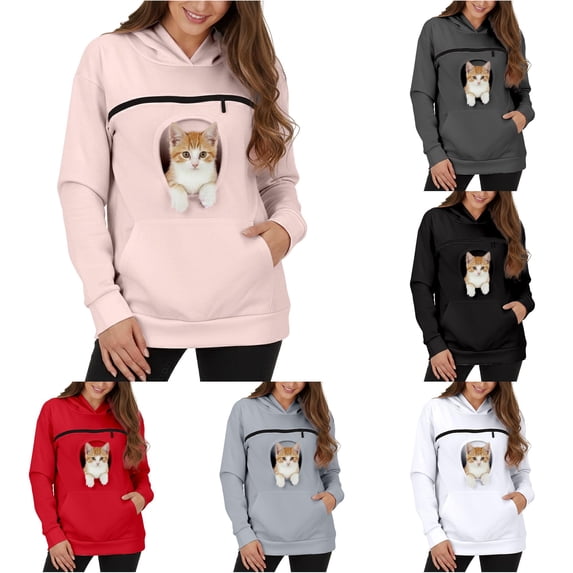 Xijirk Womens Pet Carrier Hoodie with Built‑in Animal Pouch for Small Cats Puppies Daily Outdoor Walking Travel Wear,Pink,3XL